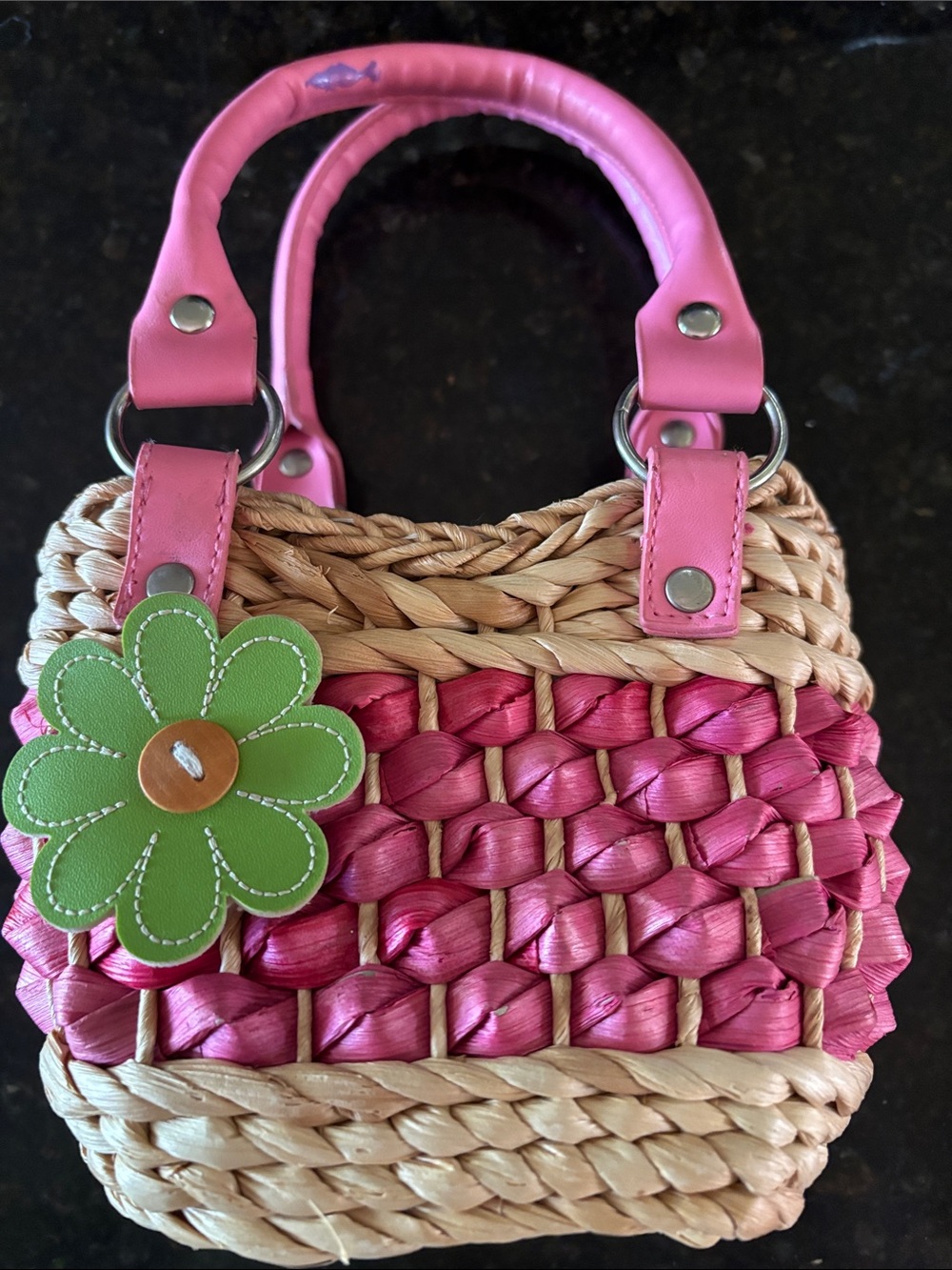 Small Pink Woven Straw Handbag with Flower Charm